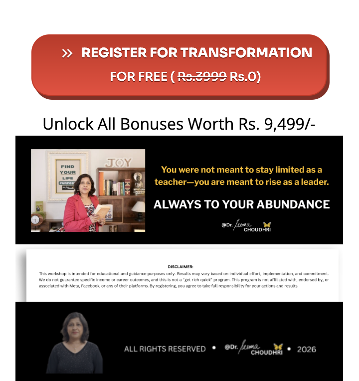 Register for Transformation — Unlock all bonuses worth Rs. 9,499. Always to your abundance — Dr. Seema Choudhri. Disclaimer. All rights reserved 2026.